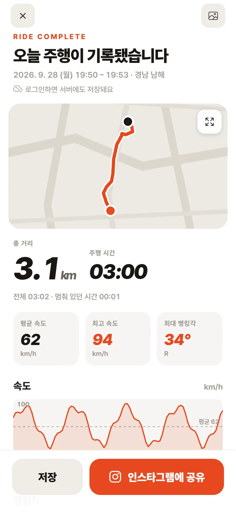 주행 요약 화면 — 달린 경로와 거리 · 시간 · 최고 속도, 속도와 뱅킹각 그래프